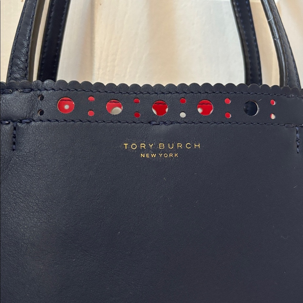 Tory Burch Block T Brogue Leather Tote Blue - Picture 4 of 12